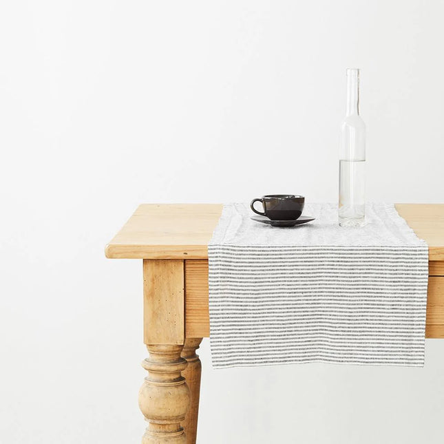 Linen  Hemmed Table Runner, Thin Black Stripe