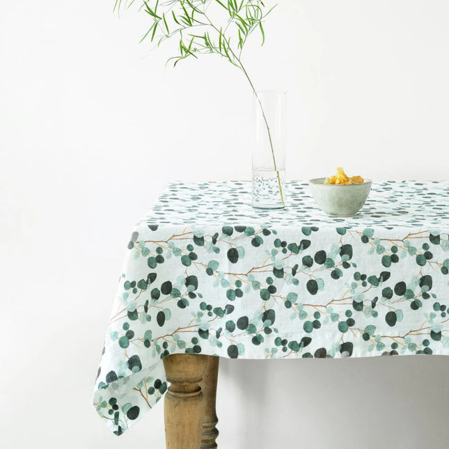 Linen Hemmed Tablecloth, White Eucalyptus