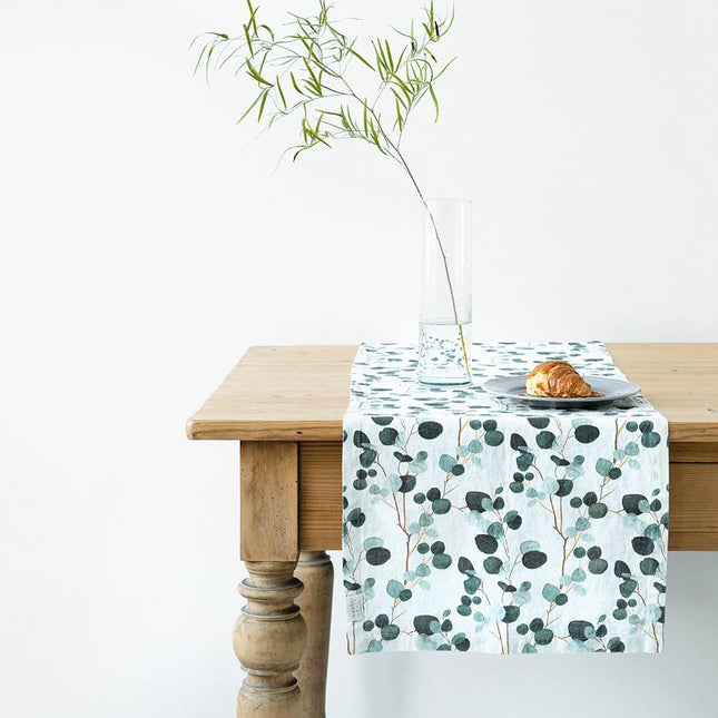 Linen Hemmed Table Runner, Eucalyptus on White