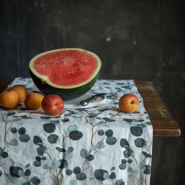 Linen Hemmed Table Runner, Eucalyptus on White