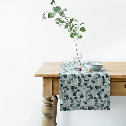 Linen Hemmed Table Runner, Eucalyptus on Natural