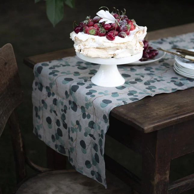 Linen Hemmed Table Runner, Eucalyptus on Natural