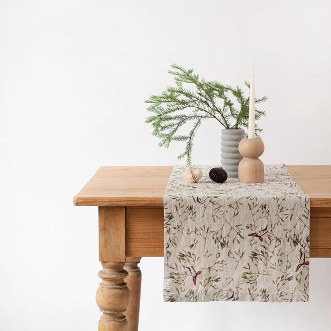 Linen Hemmed Table Runner, Mistletoe on Natural