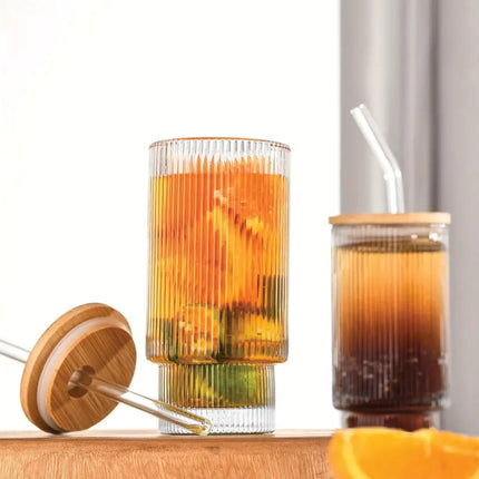 Fluted Vintage Glass w/Wooden Lid and Straw