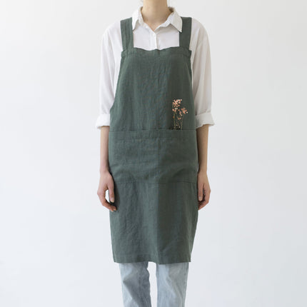 Linen Crossback Apron, Forest Green