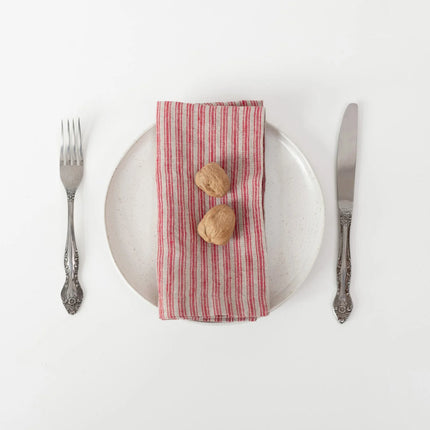 Linen Napkins, Natural + Red Hemmed Set of 2