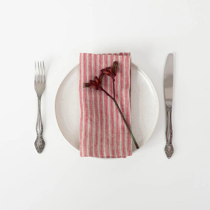 Linen Napkins, Natural + Red Hemmed Set of 2