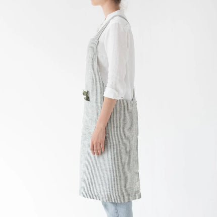 Linen Crossback Apron, Thin Black Stripe