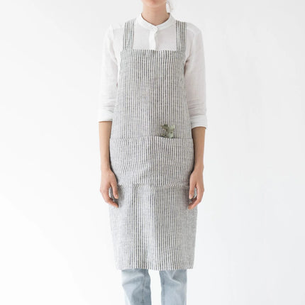 Linen Crossback Apron, Thin Black Stripe