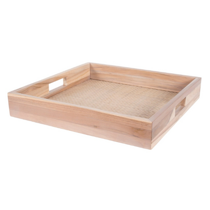 Teak Wood and Rattan Tray