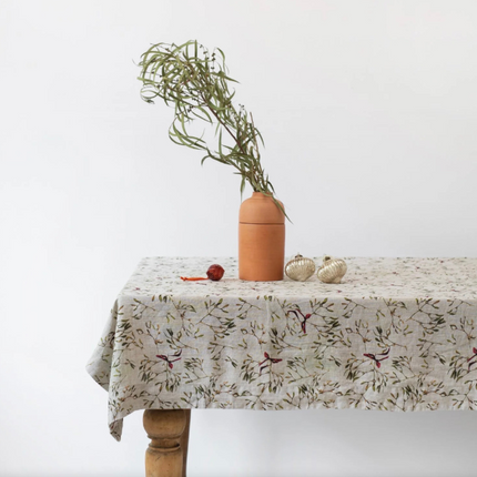 Linen Hemmed Tablecloth, Mistletoe on Natural