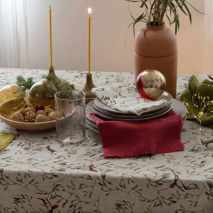 Linen Hemmed Tablecloth, Mistletoe on Natural