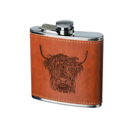 Leather and Stainless Flask, Highland Cow