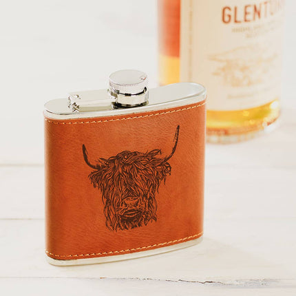 Leather and Stainless Flask, Highland Cow