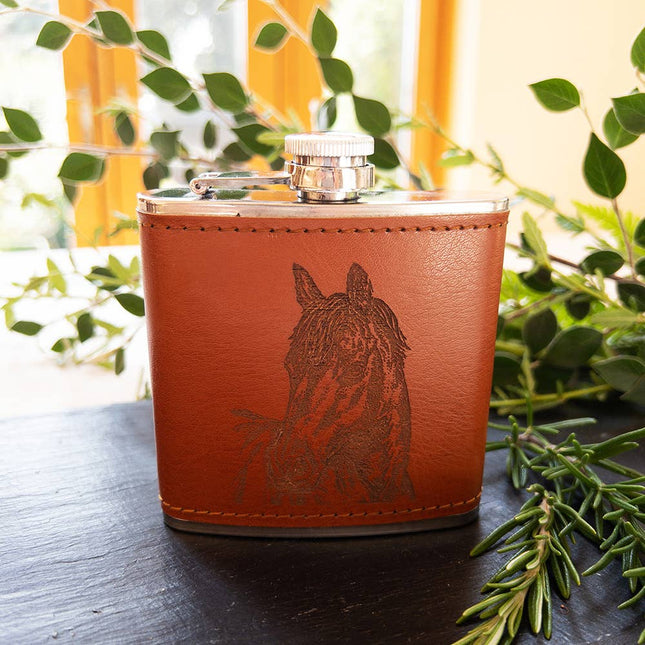 Leather and Stainless Flask, Horse Portrait