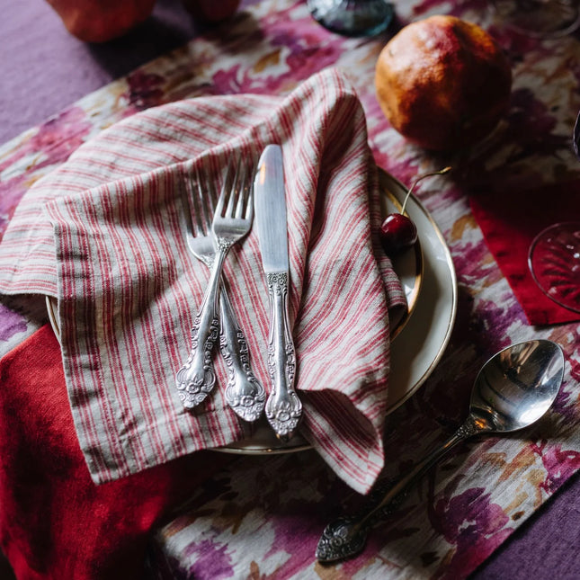 Linen Napkins, Natural + Red Hemmed Set of 2