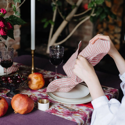 Linen Napkins, Natural + Red Hemmed Set of 2